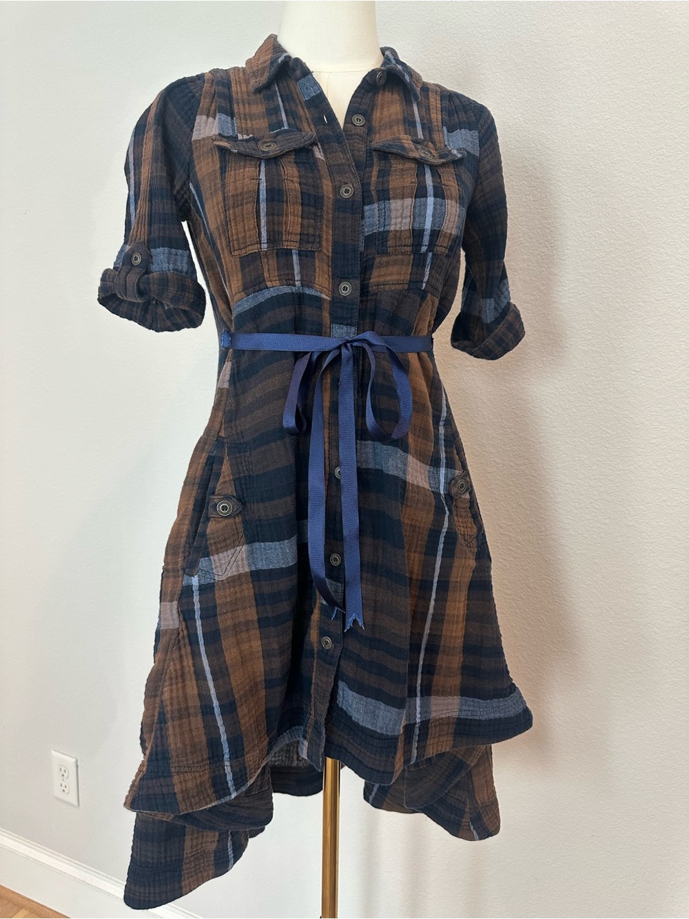 Chelsea & Theodore Brown and Navy Plaid High-Low Shirt Dress
